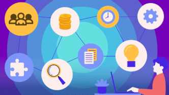 Ilustración de elementos interconectados: equipo, finanzas, tiempo, ideas. Concepto de Inmobiliare Summits para real estate en México y LATAM.