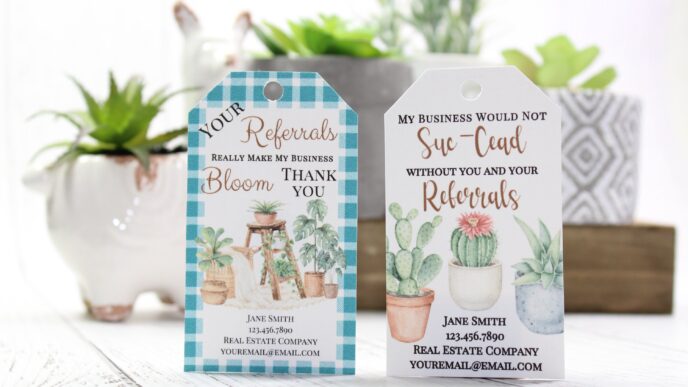 Sponsors/branding.

Tarjetas de agradecimiento de bienes raíces con diseño floral y de cactus. Contacto de Jane Smith. Ideal para networking en Inmobiliare Summits México.