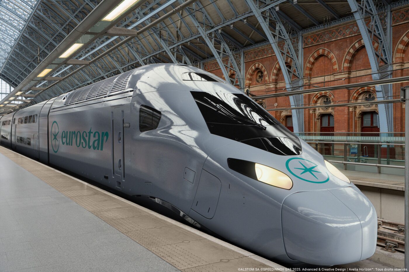 Tren Eurostar ecológico de lujo impulsando el Real Estate. Innovador diseño y sostenibilidad en transporte ferroviario de alta velocidad.