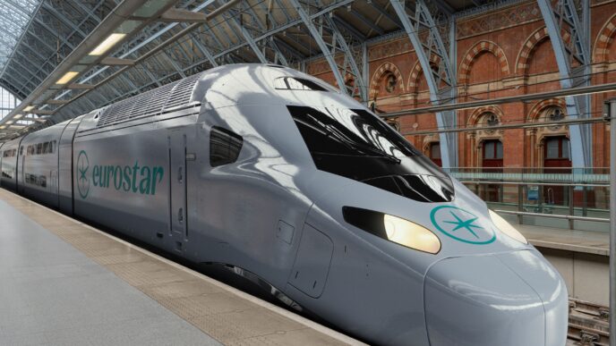 Tren Eurostar ecológico de lujo impulsando el Real Estate. Innovador diseño y sostenibilidad en transporte ferroviario de alta velocidad.