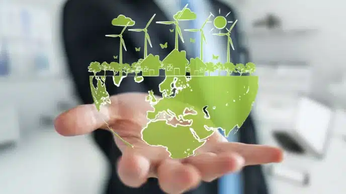 Sponsors/Branding.

Mano sostiene ilustración de planeta verde con energía renovable. Concepto de sostenibilidad en Inmobiliare Summits, evento de real estate en México.