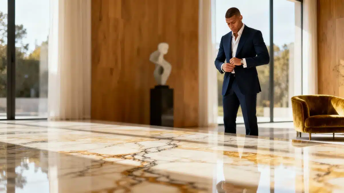 Venue/architecture.

Kylian Mbappé abotonando su saco en una propiedad de lujo en España. Diseño futurista de real estate. Inmobiliare Summits.