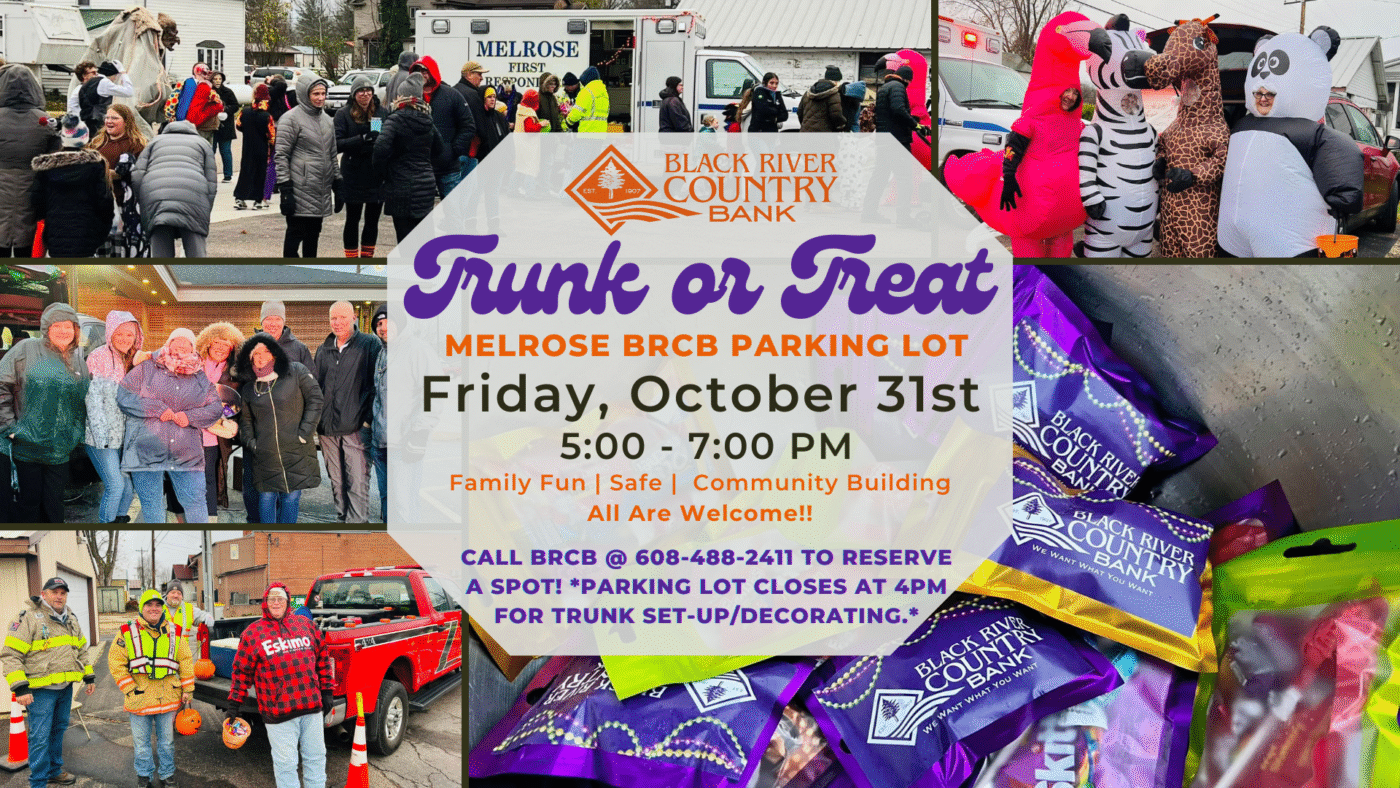 Sponsors/branding.

Evento Trunk or Treat en Melrose BRCB el 31 de octubre, patrocinado por Black River Country Bank. Diversión familiar y comunidad.