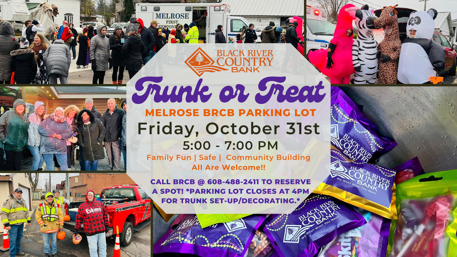 Sponsors/branding.

Evento Trunk or Treat en Melrose BRCB el 31 de octubre, patrocinado por Black River Country Bank. Diversión familiar y comunidad.