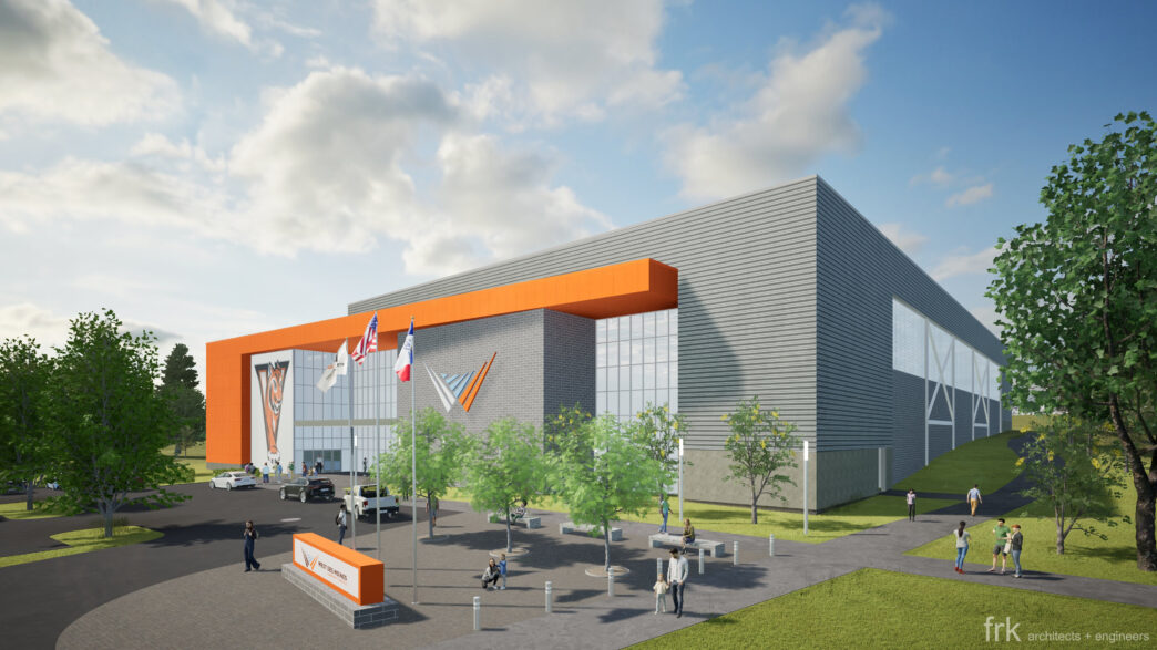 Ilustración de la expansión de la Escuela Canadiense en Miami, mostrando su arquitectura moderna y el impacto en LATAM. Fachada gris y detalles naranjas.