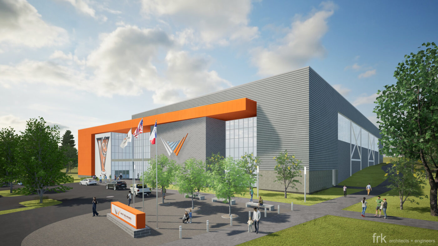 Ilustración de la expansión de la Escuela Canadiense en Miami, mostrando su arquitectura moderna y el impacto en LATAM. Fachada gris y detalles naranjas.