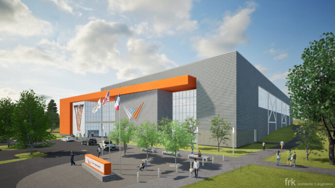 Ilustración de la expansión de la Escuela Canadiense en Miami, mostrando su arquitectura moderna y el impacto en LATAM. Fachada gris y detalles naranjas.