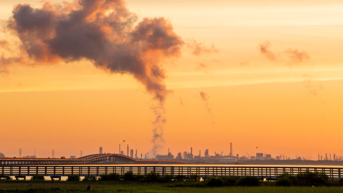 Amanecer industrial en Texas: refinerías, puente y humo. Impacto LATAM visible en la expansión. Horizonte anaranjado contrasta con la actividad fabril.