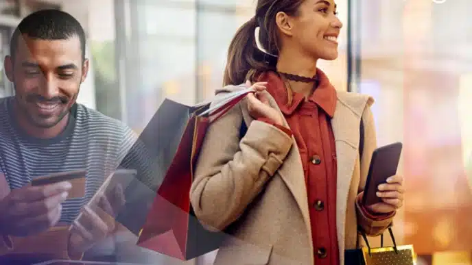 Sponsors/branding.

Clientes felices compran con Uber Direct. Hombre usa tarjeta de crédito y mujer lleva bolsas y celular. Impulsa tu negocio en México.