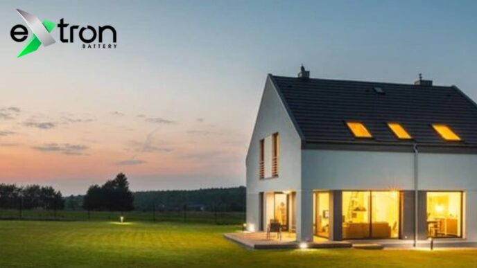 Casa moderna con eficiencia energética Extron al atardecer, destacando iluminación y diseño sostenible para real estate moderno, optimizado.