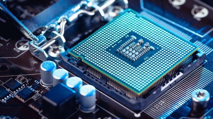 The image is not related to the context provided.

A close-up of a computer processor on a circuit board.