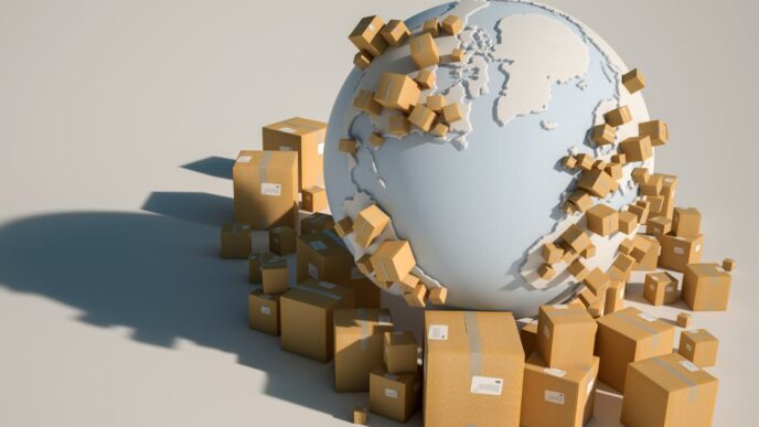 Conceptual. Representación del sector de la industria logística en LATAM. Cajas de cartón rodean un globo terráqueo.