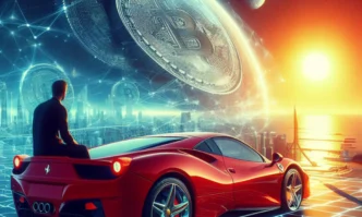 Ferrari rojo y hombre mirando horizonte con Bitcoin. Lujo y criptomonedas: un nuevo horizonte financiero digital. Inversión, riqueza, futuro.