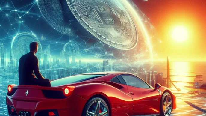 Ferrari rojo y hombre mirando horizonte con Bitcoin. Lujo y criptomonedas: un nuevo horizonte financiero digital. Inversión, riqueza, futuro.
