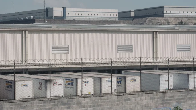 Vista de almacenes industriales en Monterrey, reflejando la inversión de FIBRA Mty con inversionistas internacionales. Muestra la actividad logística.