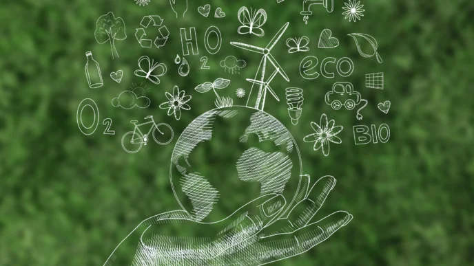 Ilustración de mano sosteniendo el planeta con símbolos ecológicos. Fibra Mty, empresa socialmente responsable en Inmobiliare Summits México.