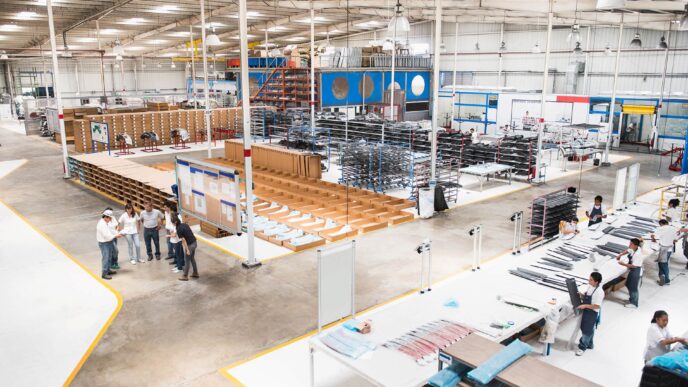 Vista aérea de una planta de manufactura tras la adquisición de Terrafina por Fibra Prologis. Operarios y estanterías muestran la actividad industrial.