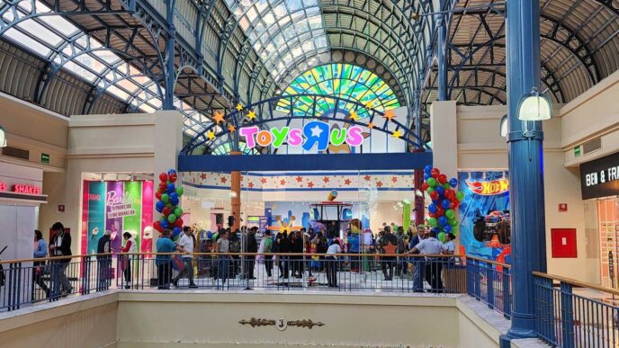 Venue/architecture.
Interior de centro comercial en México con tienda ToysRUs. Arquitectura moderna con techo de cristal. Espacio comercial concurrido.
