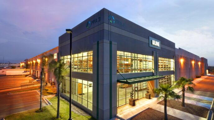 venue/architecture
Exterior de Uline, un edificio moderno con amplias ventanas. Arquitectura industrial con palmeras. Diseño y logística.