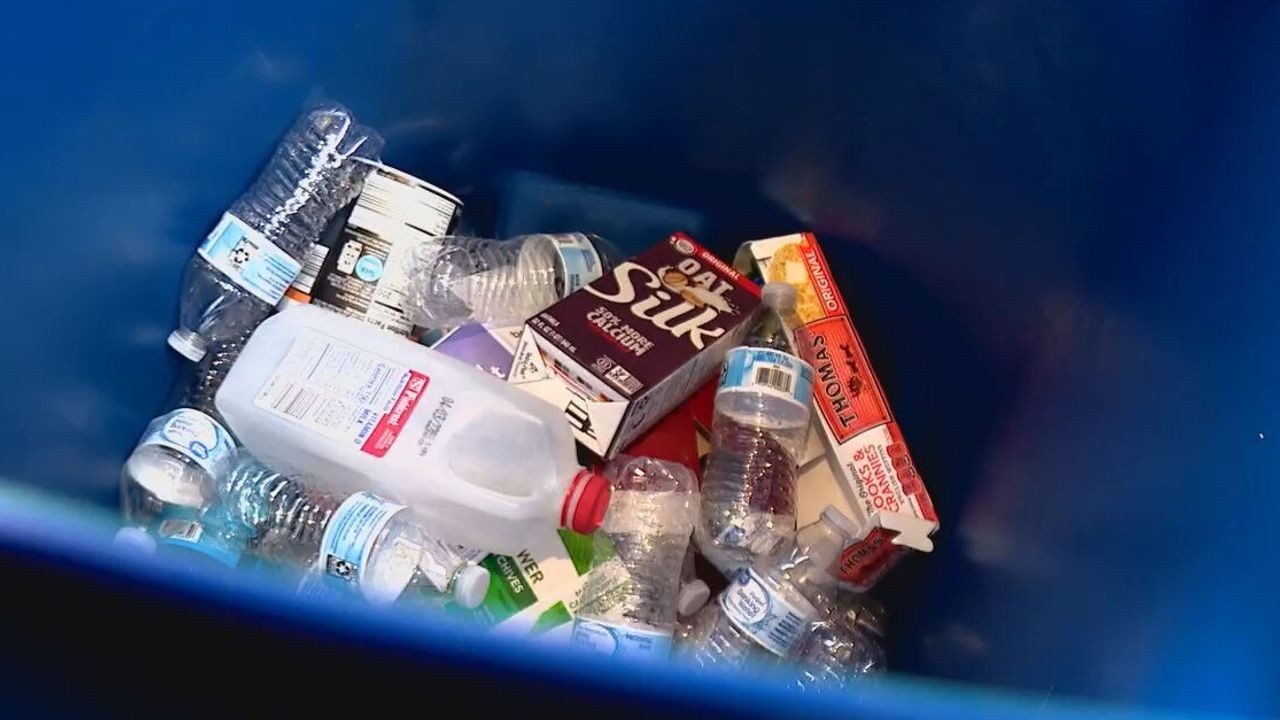 Contenedor azul lleno de plásticos, cartones y latas listos para reciclaje. Impulso a la infraestructura de reciclaje en Carolina del Norte.