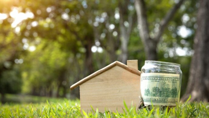 Casa de madera junto a un tarro con billete de dólar, simbolizando la financiación verde para viviendas sostenibles en India. Ahorro e inversión.