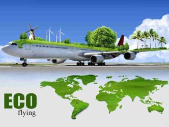 Ilustración de avión ecológico con césped, árboles y molinos, representando la financiación verde para la eficiencia energética en aeropuertos.