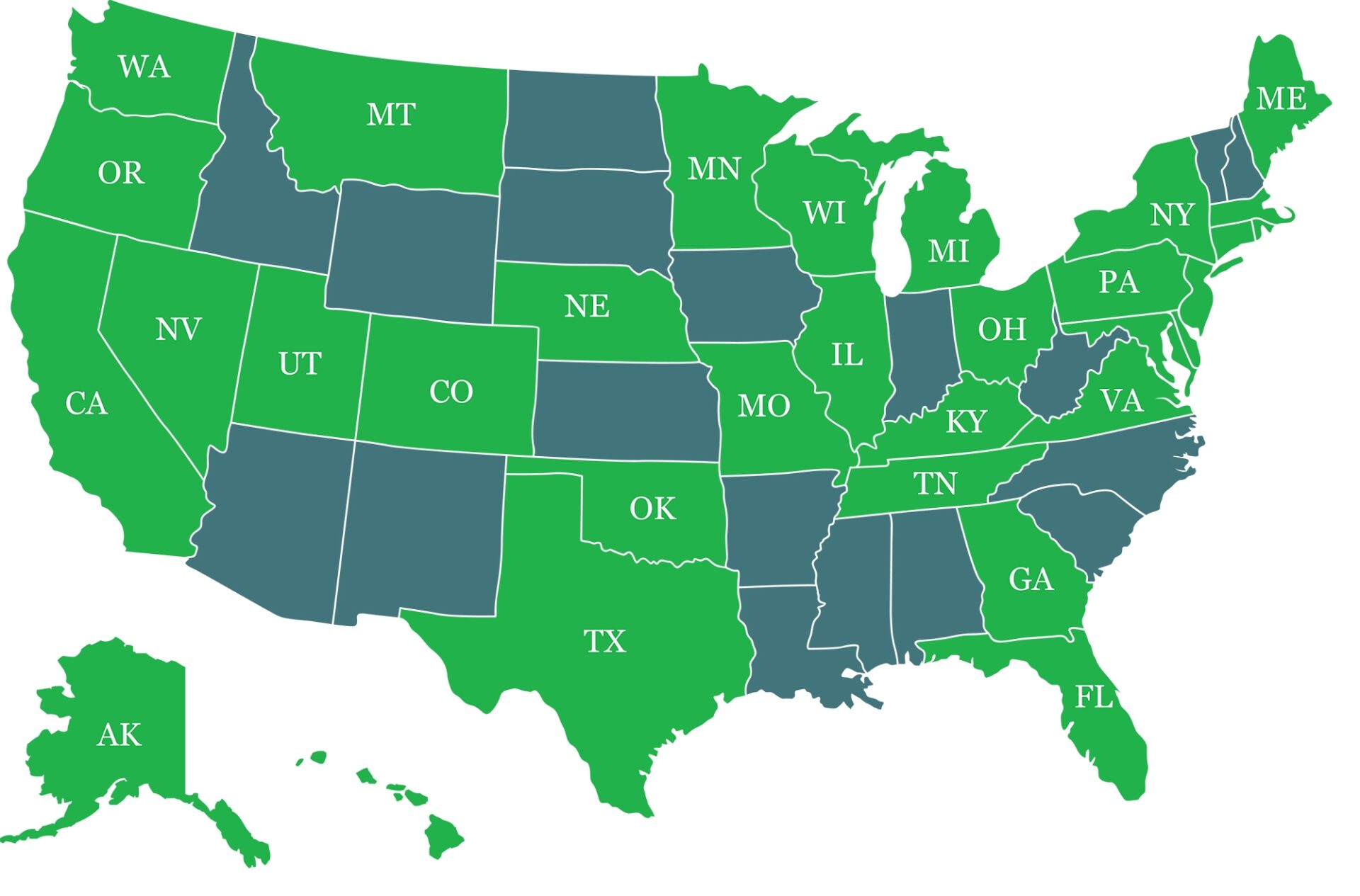 Mapa de EE.UU. que muestra los estados con financiamiento C-PACE disponible en verde. Ideal para innovación inmobiliaria y mercado C-PACE.