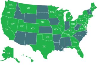 Mapa de EE.UU. que muestra los estados con financiamiento C-PACE disponible en verde. Ideal para innovación inmobiliaria y mercado C-PACE.