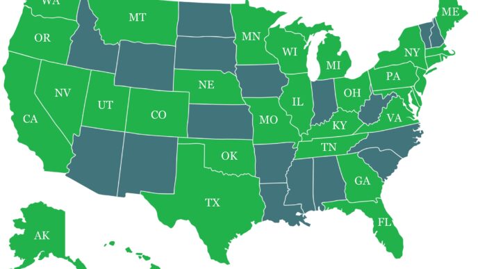 Mapa de EE.UU. que muestra los estados con financiamiento C-PACE disponible en verde. Ideal para innovación inmobiliaria y mercado C-PACE.