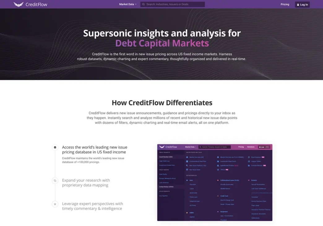 Página web de CreditFlow, análisis de mercados de deuda. Plataforma con datos robustos y gráficos dinámicos. #realestate #LATAM #conference