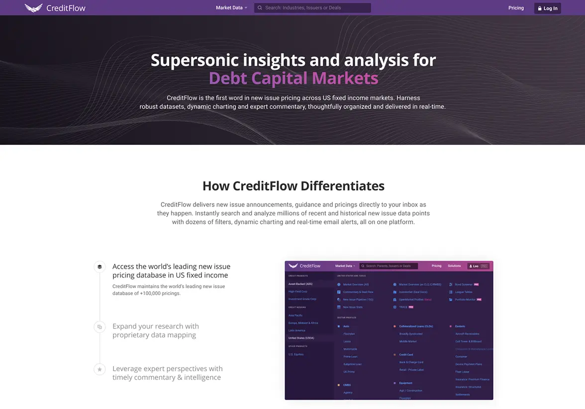 Página web de CreditFlow, análisis de mercados de deuda. Plataforma con datos robustos y gráficos dinámicos. #realestate #LATAM #conference