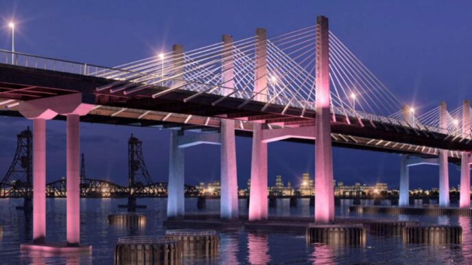 Puente iluminado en New Jersey al anochecer. Pilares rosados reflejados en el agua. Impulso al sector industrial visible en la arquitectura urbana.