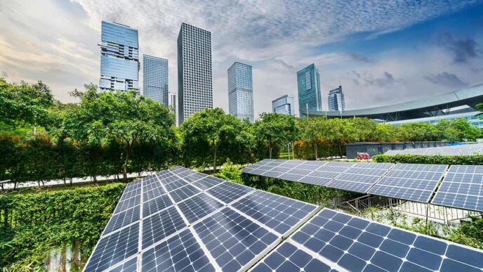 Paneles solares capturando energía renovable en un proyecto habitacional sostenible, con rascacielos de fondo. Finanzas verdes impulsan la iniciativa.