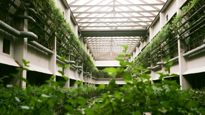 Inversión inmobiliaria sostenible: Edificio con vegetación e infraestructura vista, promoviendo las finanzas verdes y el crecimiento urbano limpio.