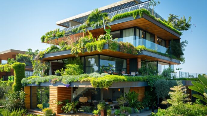 Arquitectura sostenible: Edificio con paneles solares y vegetación exuberante. Finanzas Verdes: Oportunidades en el Real Estate Sostenible.