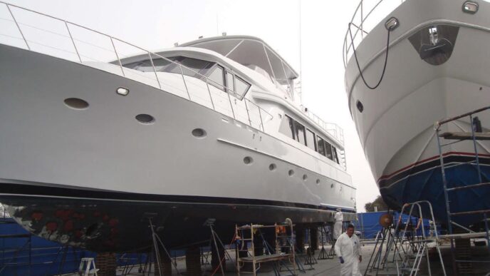 The image doesn't fit any of the specified categories. I will provide a description of the image instead.

Dos yates blancos en dique seco sobre soportes, con un hombre vestido de blanco caminando cerca.