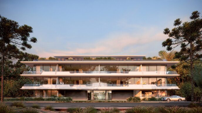 Arquitectura de The Edge en Uruguay por Foster + Partners: Edificio moderno de tres pisos con amplios balcones y diseño vanguardista en entorno natural.