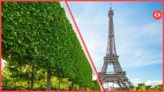 Vista de la Torre Eiffel y árboles, Francia, Airbnb regulado. Ley vivienda vacacional. Paisaje urbano parisino. Turismo y normativa francesa.