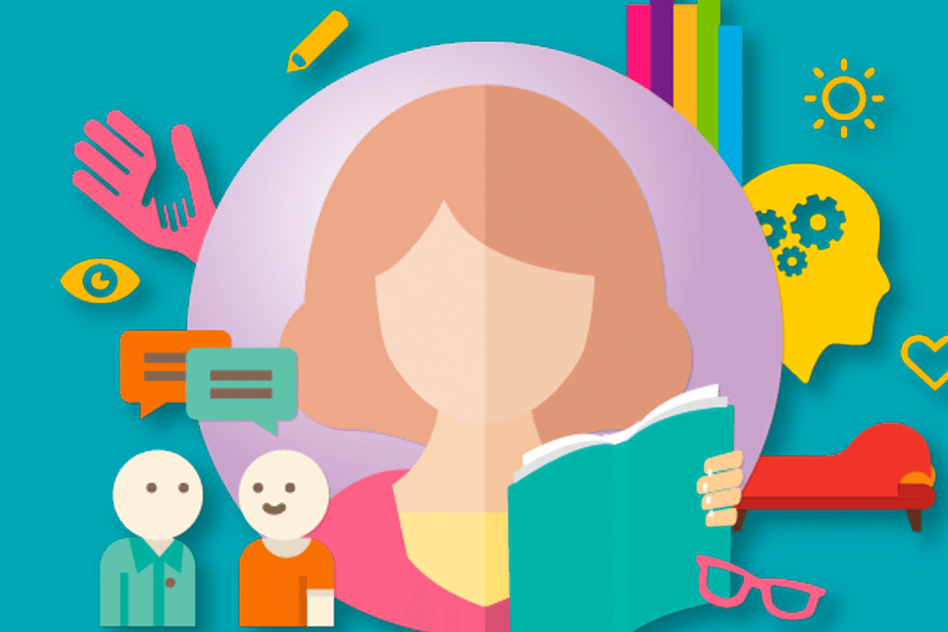 Ilustración abstracta de salud mental. Conceptos de apoyo, lectura y bienestar. Imagen ideal para conferencias y eventos de salud en México y LATAM.