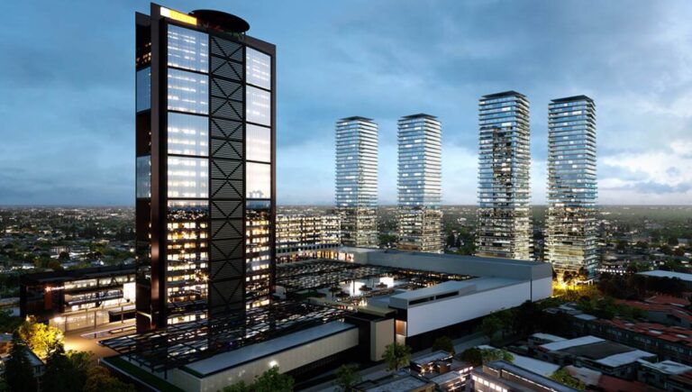 Modern architectural complex with high-rise buildings.