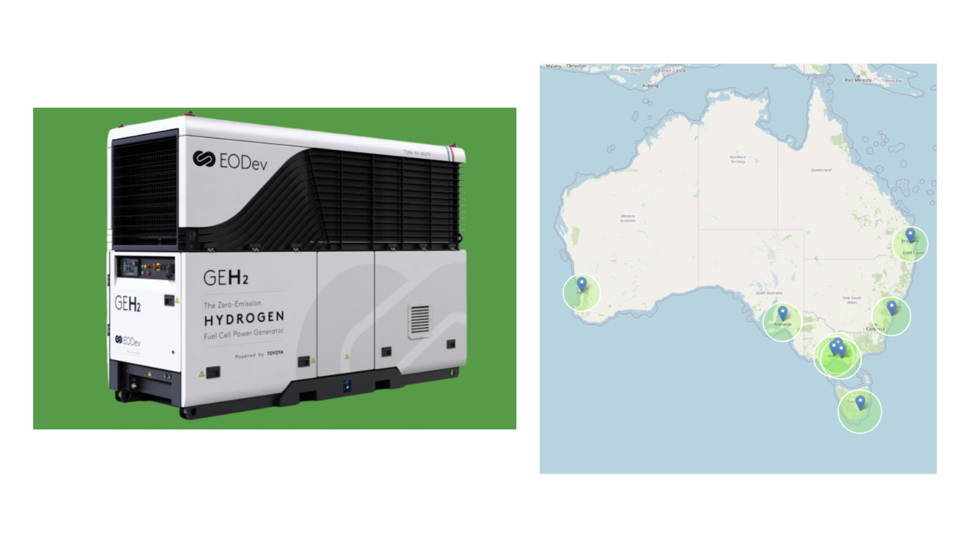 sponsors/branding

Generador de hidrógeno GEH2 de EODev con tecnología Toyota. Mapa de Australia con ubicaciones marcadas. Energía limpia y sostenible.