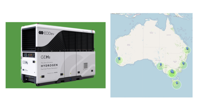 sponsors/branding

Generador de hidrógeno GEH2 de EODev con tecnología Toyota. Mapa de Australia con ubicaciones marcadas. Energía limpia y sostenible.