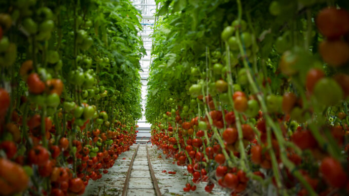 Invernadero geotérmico en Rumanía con hileras de plantas de tomate, algunas rojas y otras verdes, creciendo verticalmente. Cultivo sostenible.