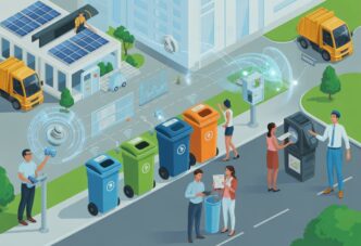 Ilustración de gestión inteligente de residuos en real estate: contenedores de reciclaje, camión recolector y personas interactuando con tecnología.