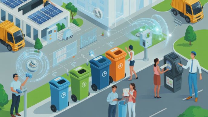 Ilustración de gestión inteligente de residuos en real estate: contenedores de reciclaje, camión recolector y personas interactuando con tecnología.