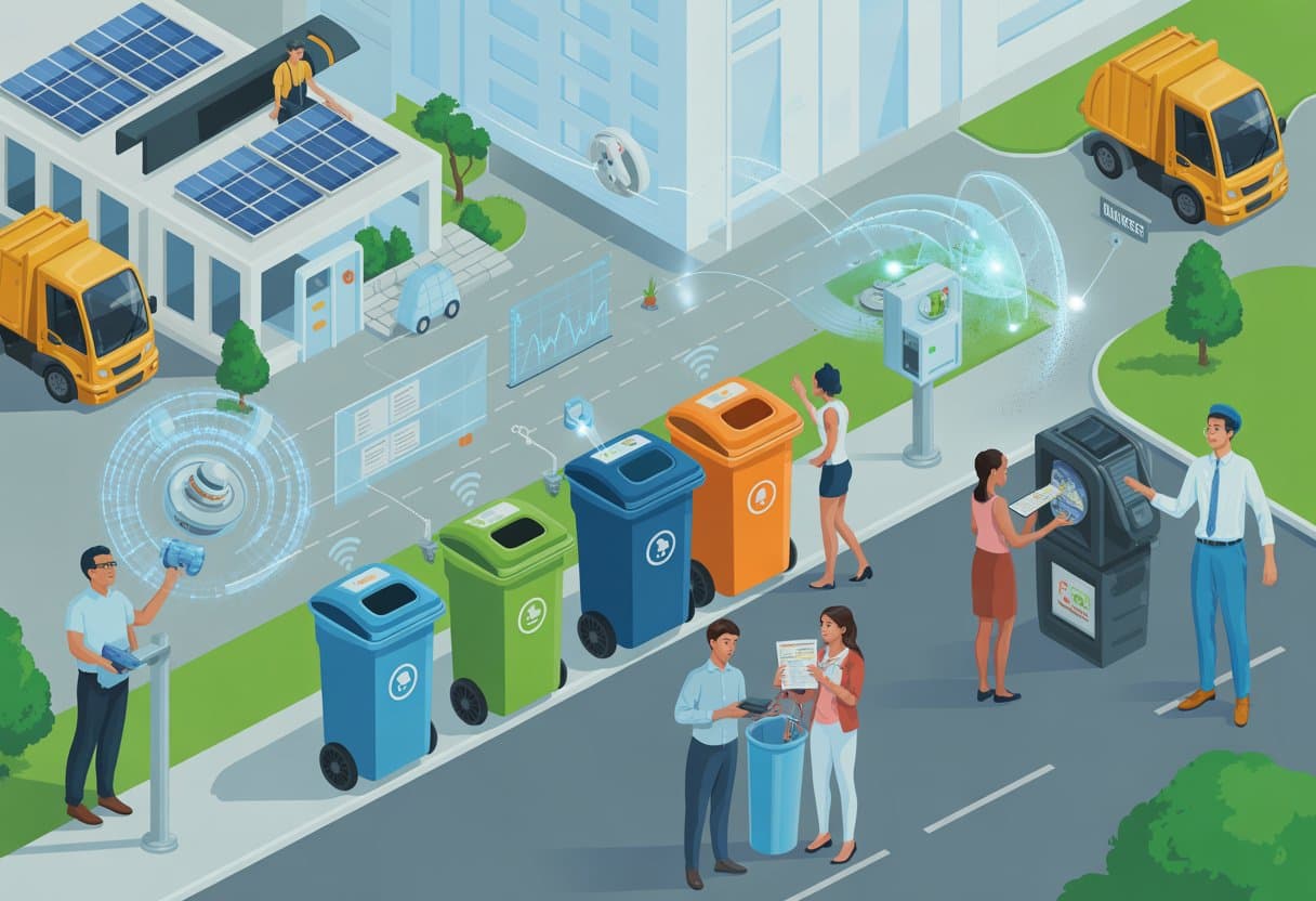 Ilustración de gestión inteligente de residuos en real estate: contenedores de reciclaje, camión recolector y personas interactuando con tecnología.