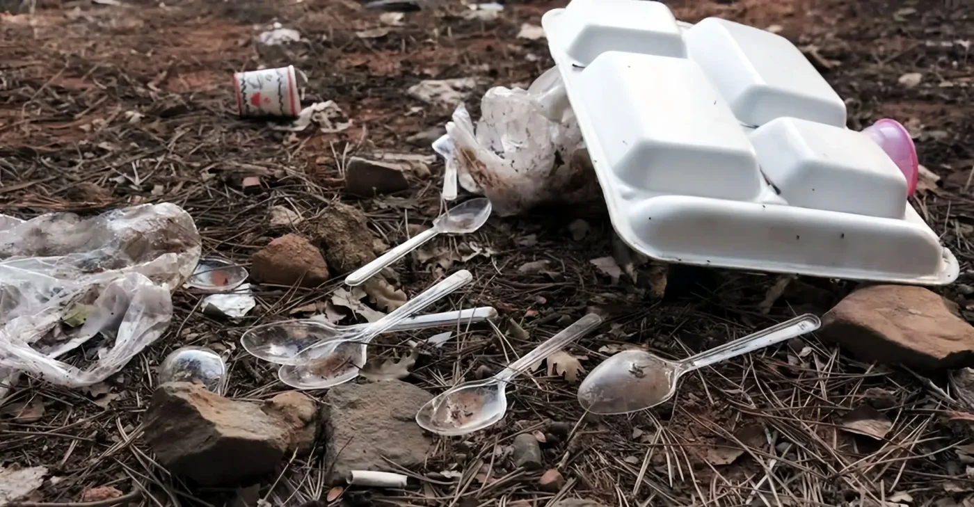 Desechos plásticos en tierra, incluyendo platos y cubiertos. Impacto ambiental en Kerala, gestión sostenible de residuos plásticos, contaminación.