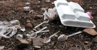 Desechos plásticos en tierra, incluyendo platos y cubiertos. Impacto ambiental en Kerala, gestión sostenible de residuos plásticos, contaminación.