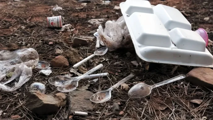 Desechos plásticos en tierra, incluyendo platos y cubiertos. Impacto ambiental en Kerala, gestión sostenible de residuos plásticos, contaminación.