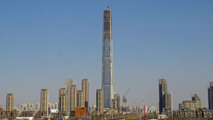 Vista del Goldin Finance 117, rascacielos de 597 metros en construcción. El edificio domina el horizonte urbano, destacando su imponente altura.